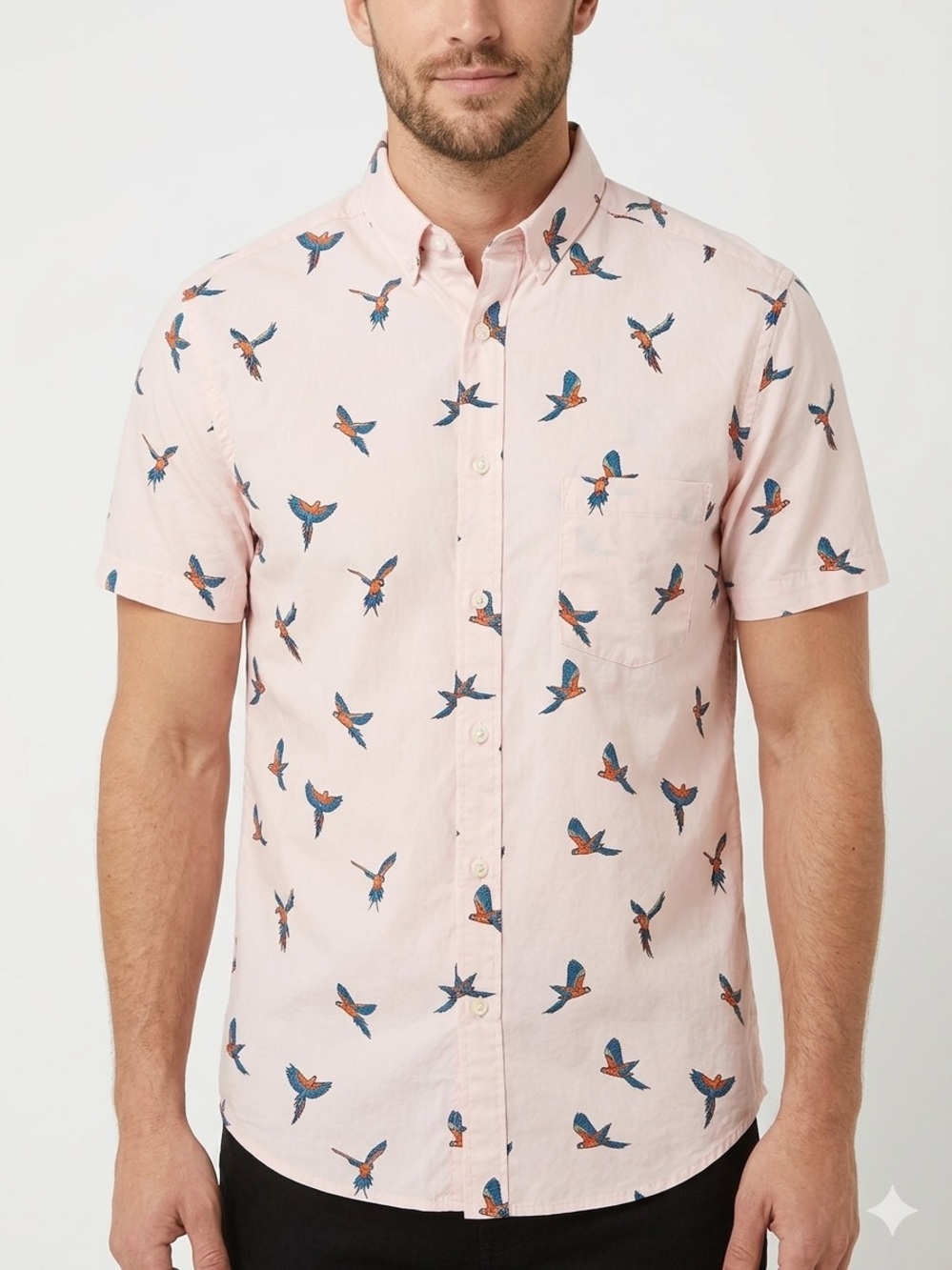 Goodfellow & Co Pink Parrot Print Short Sleeve Button Down Shirt Size Medium